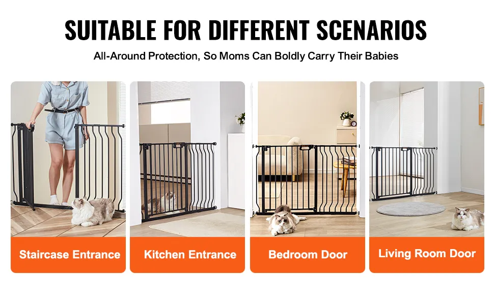 VEVOR baby gate for staircase, kitchen, bedroom, and living room entrances, ensuring child safety.