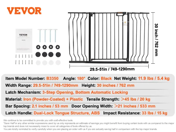 VEVOR Babygitter, schwarz, Breite 75–135 cm, Höhe 76 cm, Eisen und Kunststoff, Doppelverriegelung, automatische Verriegelung.