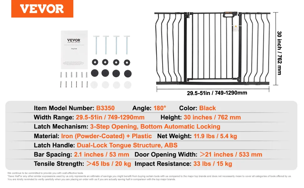 VEVOR Babygitter, schwarz, Breite 75–135 cm, Höhe 76 cm, Eisen und Kunststoff, Doppelverriegelung, automatische Verriegelung.