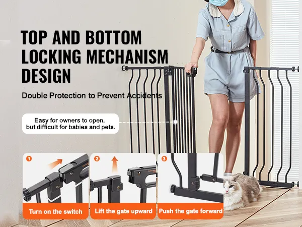 Design des Verriegelungsmechanismus oben und unten für das VEVOR-Babygitter, einfach für Erwachsene, aber schwierig für Haustiere und Babys.