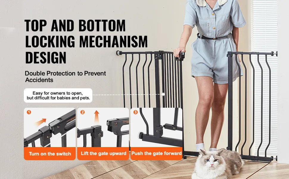 Design des Verriegelungsmechanismus oben und unten für das VEVOR-Babygitter, einfach für Erwachsene, aber schwierig für Haustiere und Babys.