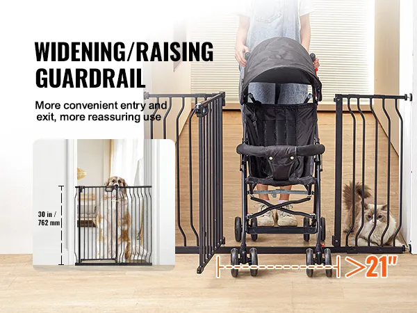 VEVOR-Kinderschutzgitter im Flur mit Hund auf der einen Seite und Kinderwagen, der durch die Toröffnung geht. Torhöhe: 30 Zoll.