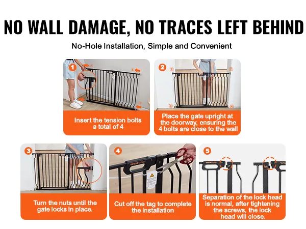 Installieren des VEVOR-Babygitters: 4 Schrauben einsetzen, aufrecht hinstellen, Muttern festziehen, Etikett abschneiden und der Verriegelungskopf schließt sich.