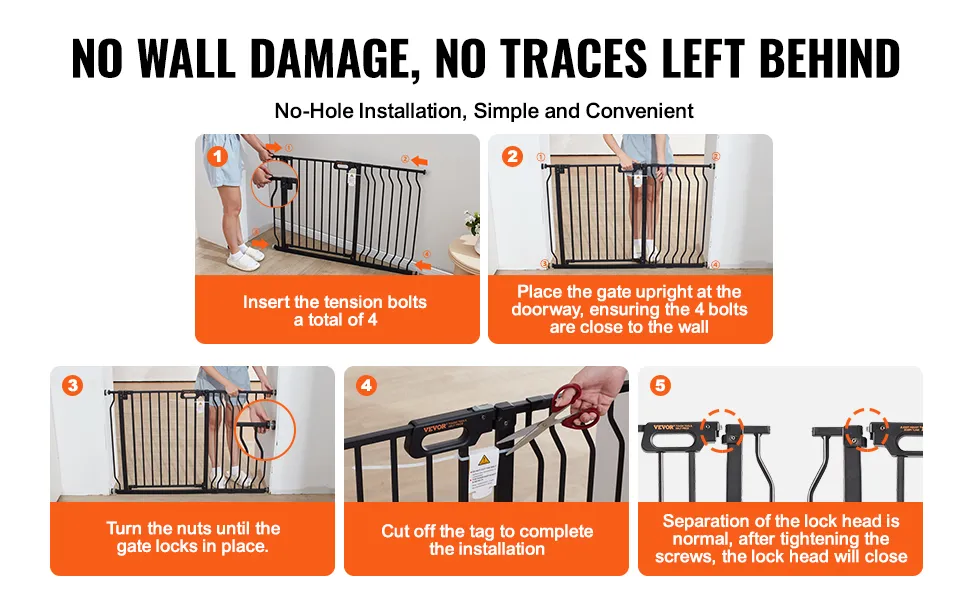 Installieren des VEVOR-Babygitters: 4 Schrauben einsetzen, aufrecht hinstellen, Muttern festziehen, Etikett abschneiden und der Verriegelungskopf schließt sich.