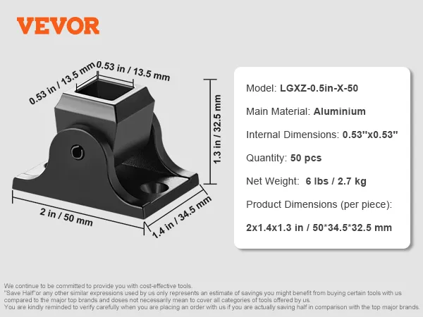 VEVOR aluminum baluster shoes, model lgxz-0.5in-x-50, 50 pcs, 0.53"x0.53" internal dimensions.