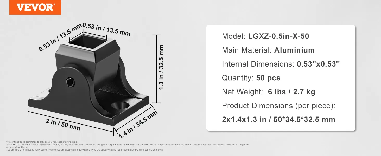 VEVOR aluminum baluster shoes, model lgxz-0.5in-x-50, 50 pcs, 0.53"x0.53" internal dimensions.