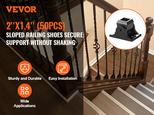VEVOR aluminum baluster shoes, 2"x1.4", 50pcs, sturdy, easy installation for sloped railing support.