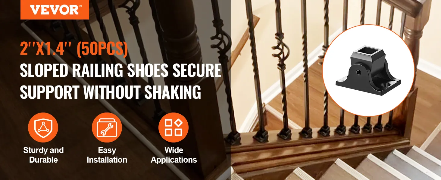 VEVOR aluminum baluster shoes, 2"x1.4", 50pcs, sturdy, easy installation for sloped railing support.