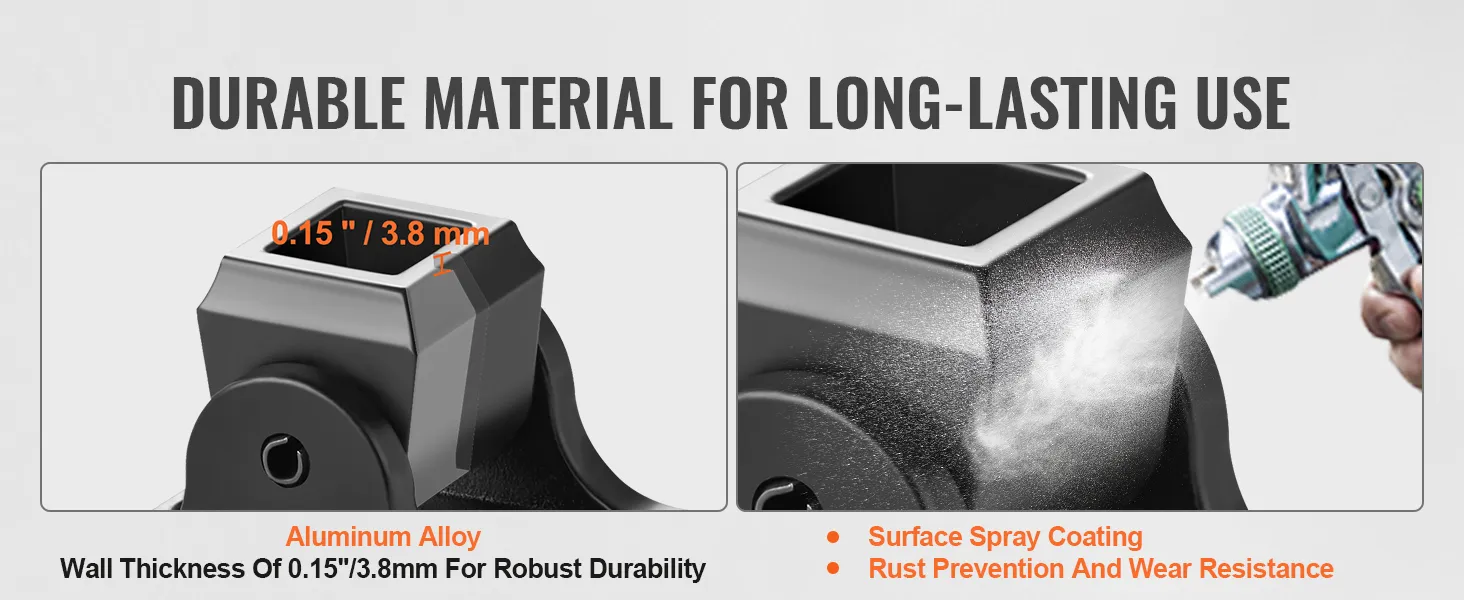 VEVOR aluminum baluster shoes with 0.15"/3.8mm wall thickness for durability and rust prevention.