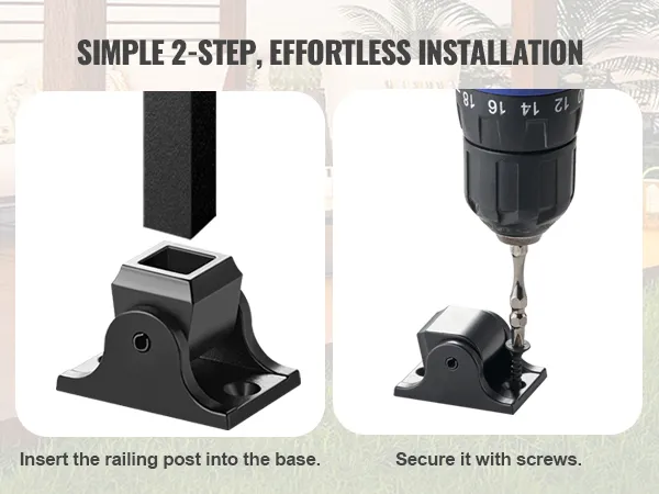 simple installation of VEVOR aluminum baluster shoes: insert railing post into base and secure with screws.