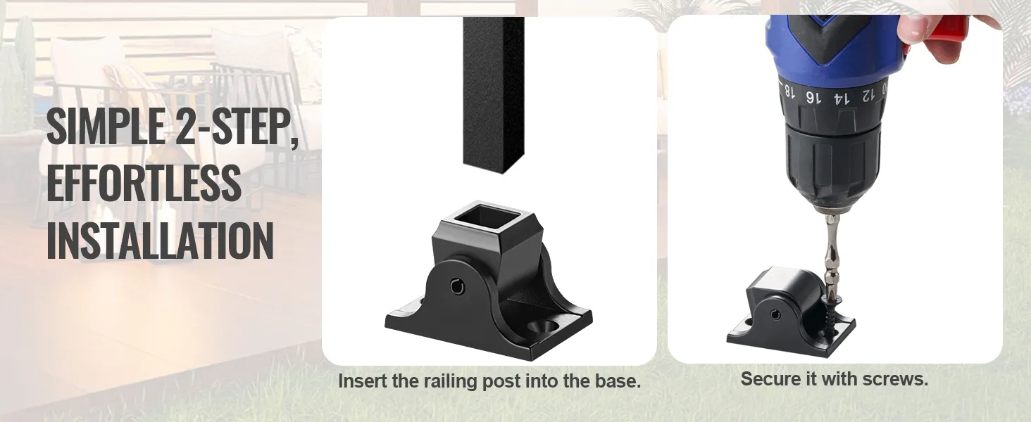 simple installation of VEVOR aluminum baluster shoes: insert railing post into base and secure with screws.