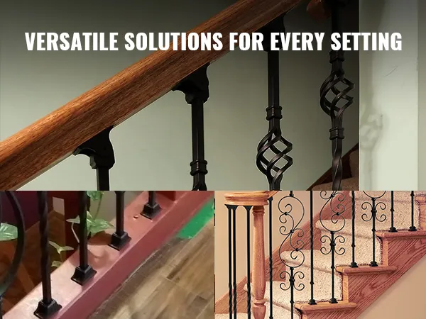 VEVOR aluminum baluster shoes for 1/2" square railings, showcased on various staircases.