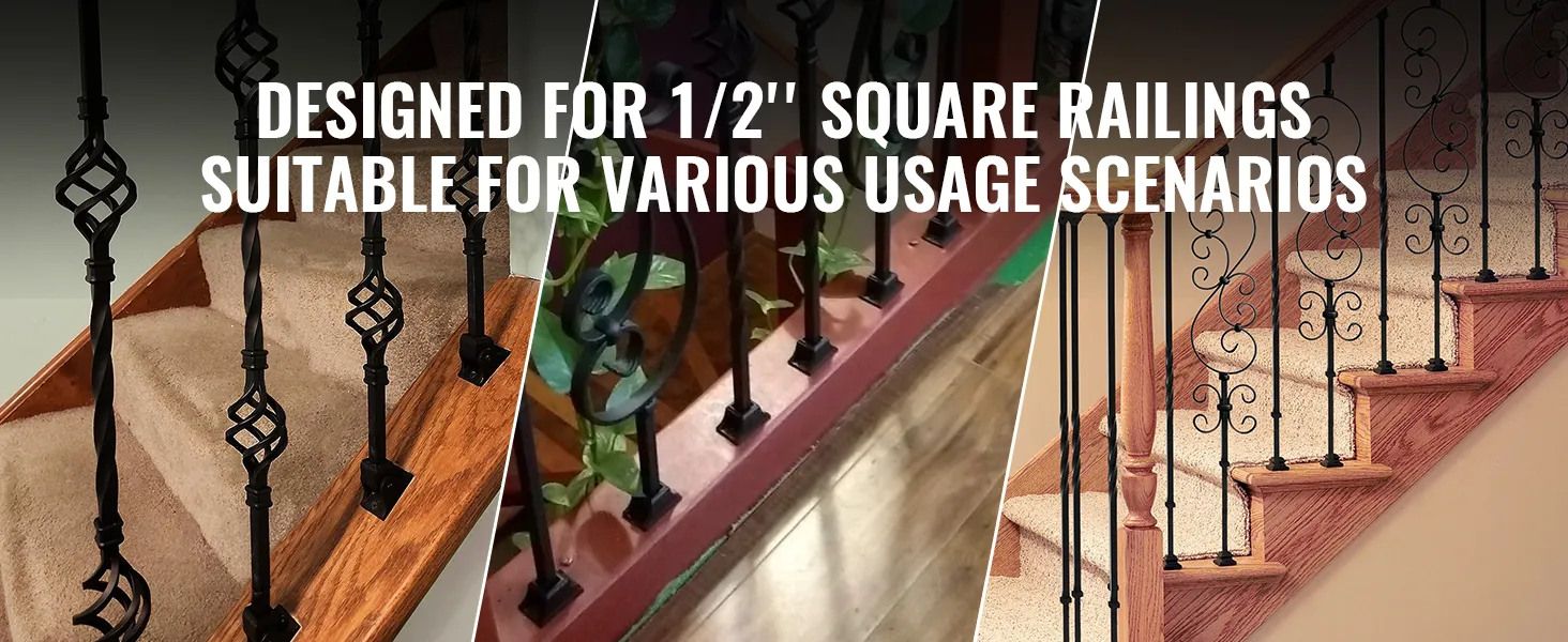 VEVOR aluminum baluster shoes for 1/2" square railings, showcased on various staircases.