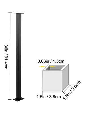 Poste de riel de cable VEVOR, negro, 36 pulgadas de altura con detalles de dimensiones.