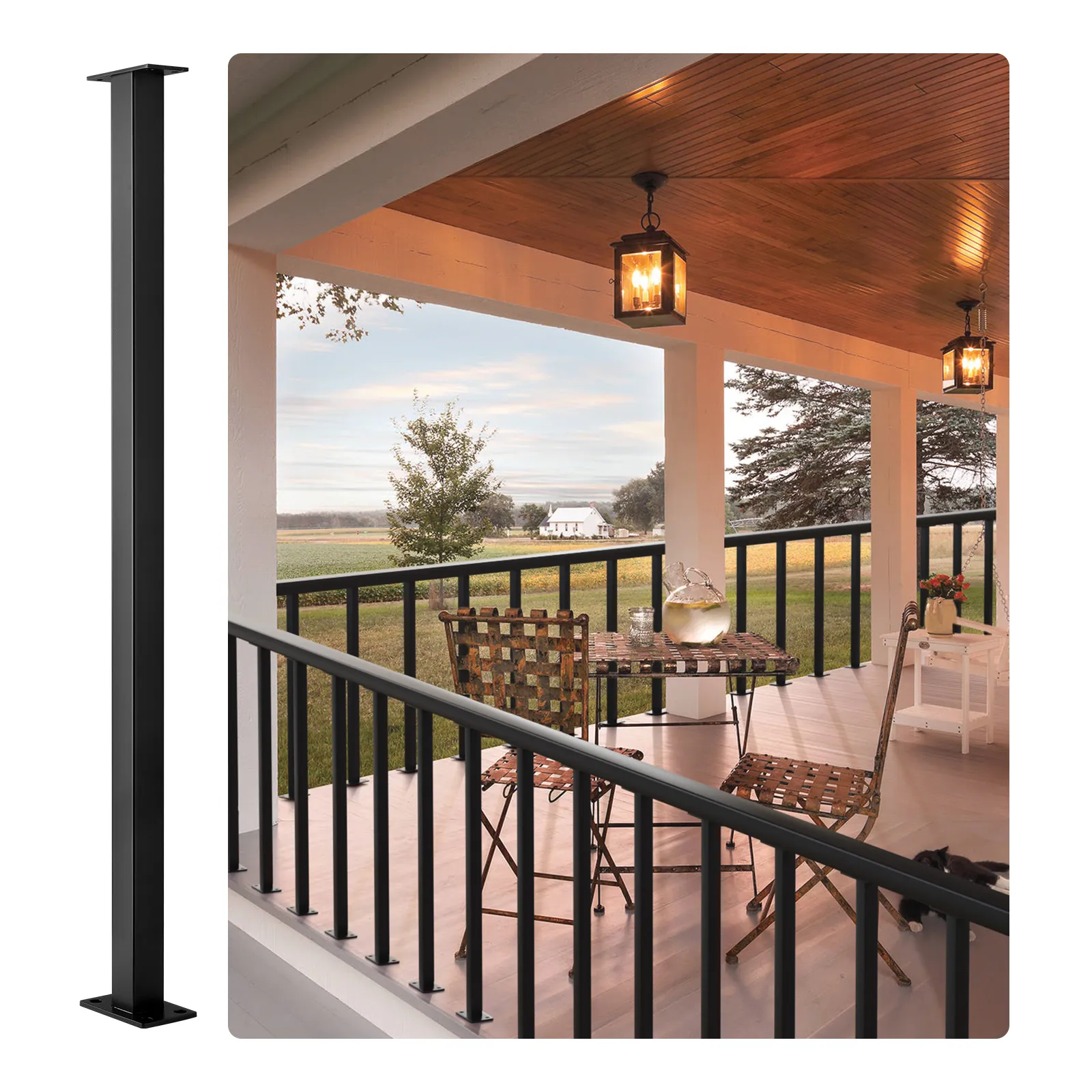 Poste de riel de cable VEVOR negro en un acogedor patio con sillas, mesa y luces de linterna colgantes.
