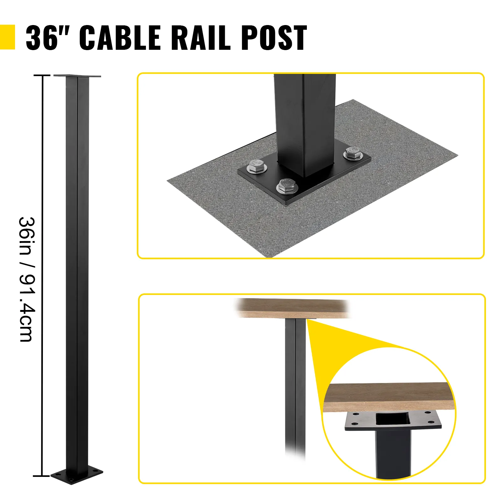 Poste de riel de cable VEVOR de 36", 36 in/91,4 cm, negro con detalle de base de montaje.