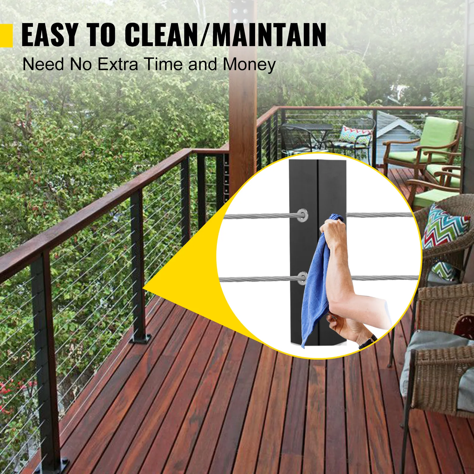 Ilustración de configuración de plataforma de poste de riel de cable VEVOR con fácil mantenimiento.