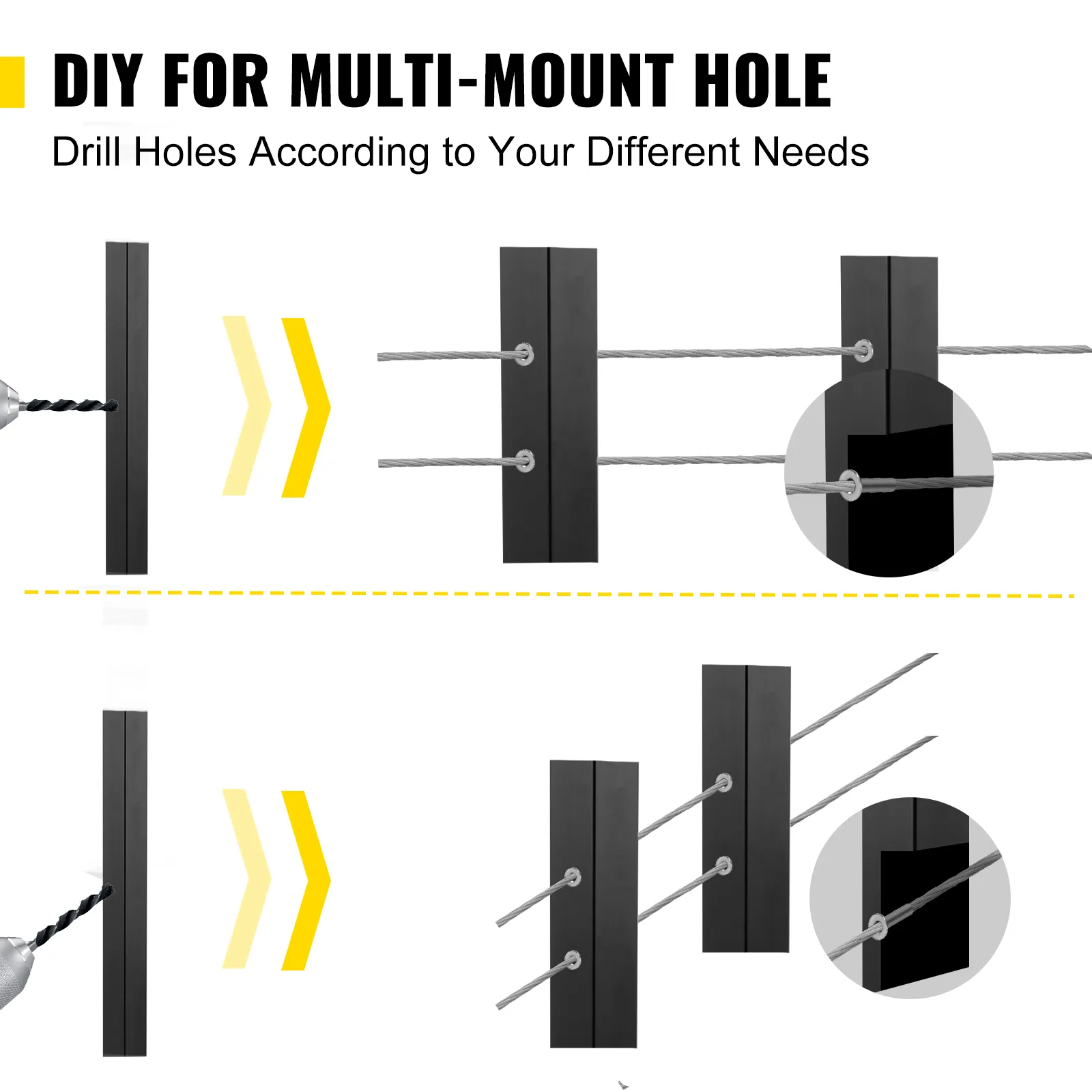 Guía de bricolaje para perforar postes de riel de cable VEVOR con opciones de orificios de montaje múltiple.