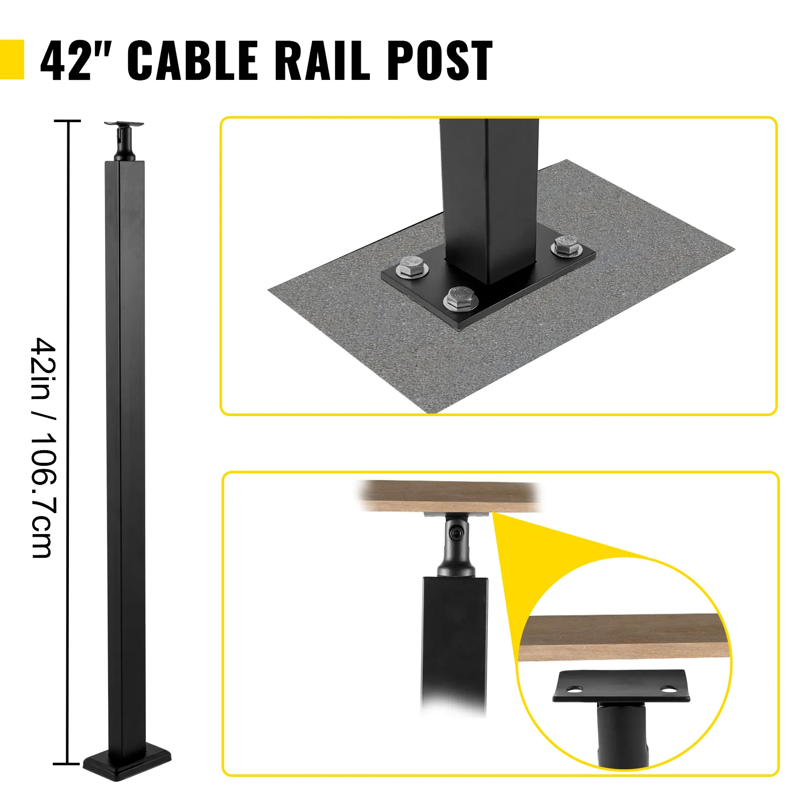 Poste de riel de cable VEVOR, 42 pulgadas de altura, negro con base resistente y fijación superior.