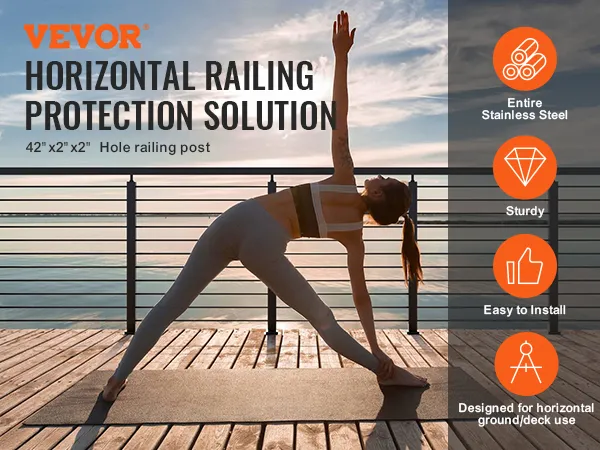 Vrouw doet yoga op een terras met een VEVOR-kabelleuningpaal bij zonsondergang.