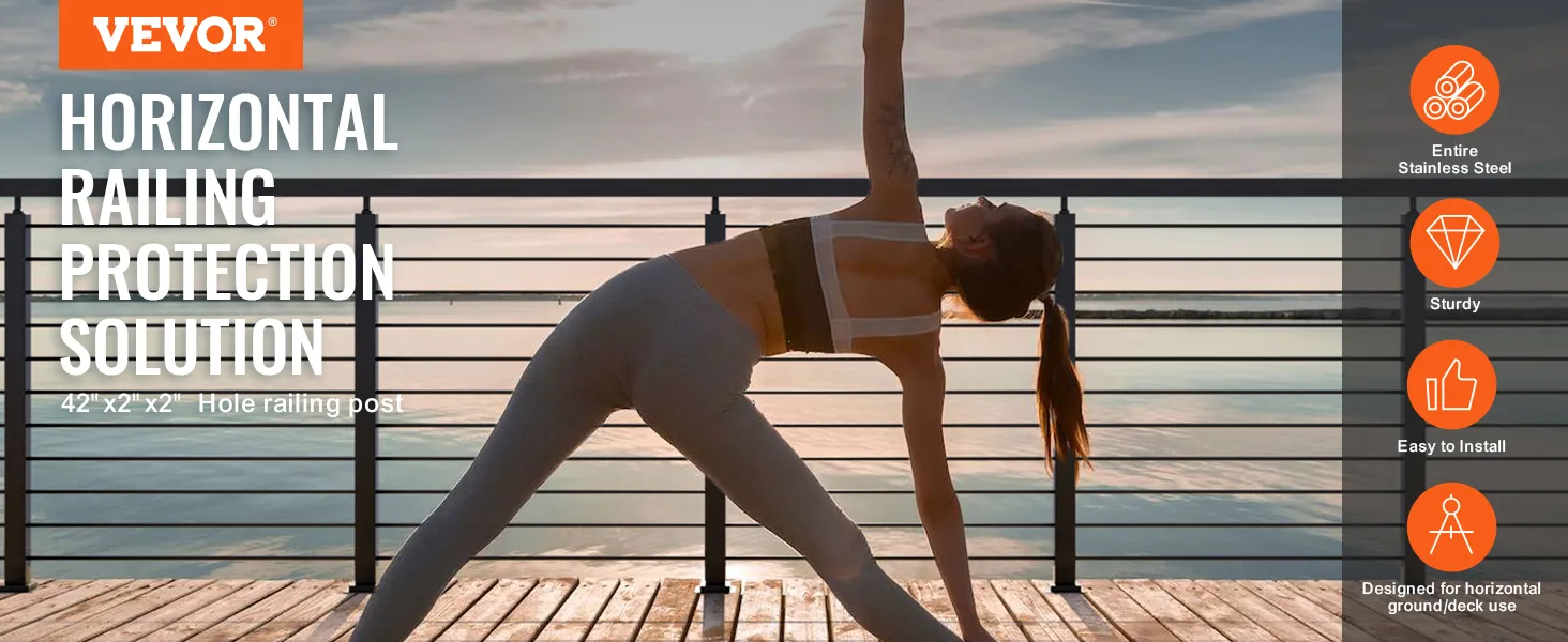 Vrouw doet yoga op een terras met een VEVOR-kabelleuningpaal bij zonsondergang.