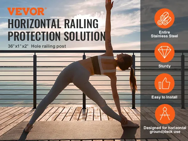 VEVOR cable railing post with a woman doing yoga on a wooden deck at sunset.