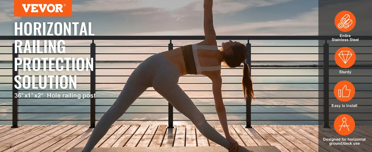 Poste de barandilla de cable VEVOR con una mujer haciendo yoga en una terraza de madera al atardecer.