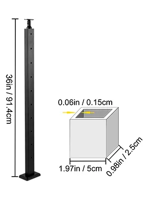 Poste de barandilla de cable VEVOR, negro, 36 pulgadas/91,4 cm de altura, con detalle de las dimensiones del orificio.
