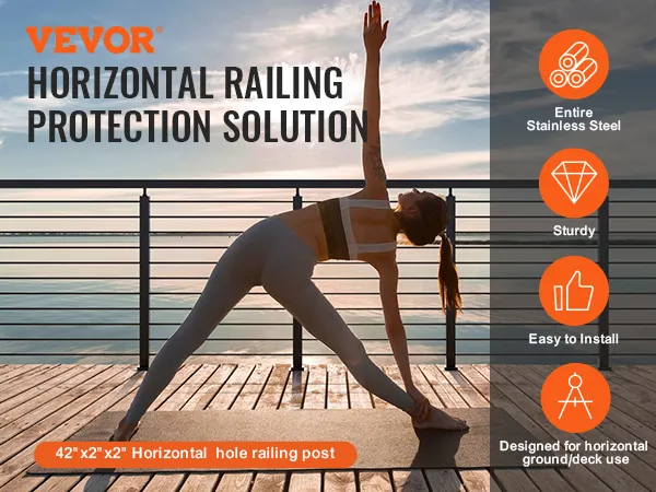 VEVOR cable railing post, sturdy stainless steel, with a scenic lakeside view.