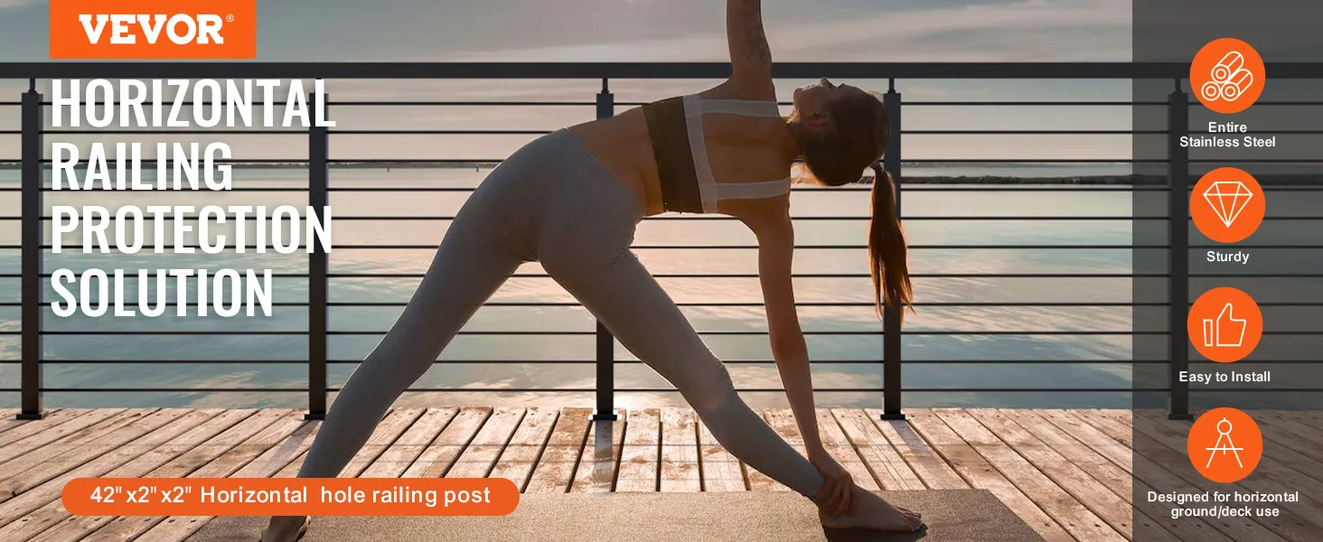 VEVOR cable railing post, sturdy stainless steel, with a scenic lakeside view.