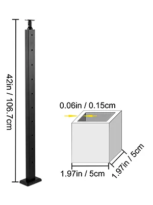 VEVOR cable railing post with dimensions 42in height and 1.97in base width.