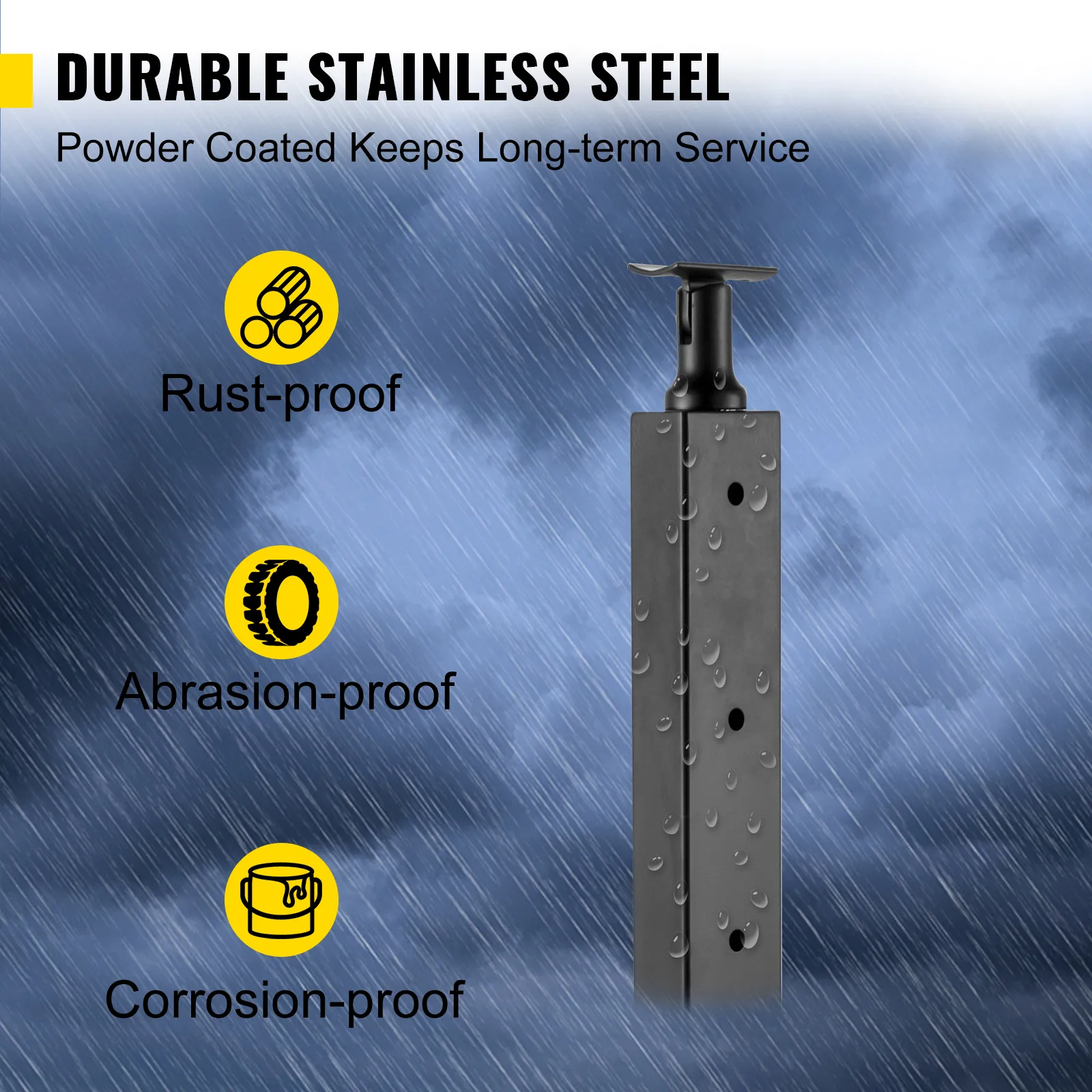 VEVOR cable railing post in rain, showcasing rust, abrasion, and corrosion-proof features.