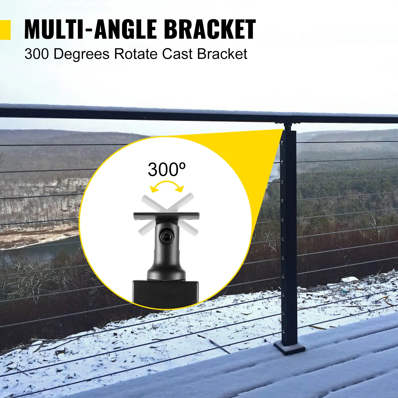 VEVOR cable railing post with 300-degree rotate cast bracket in snowy outdoor scene.