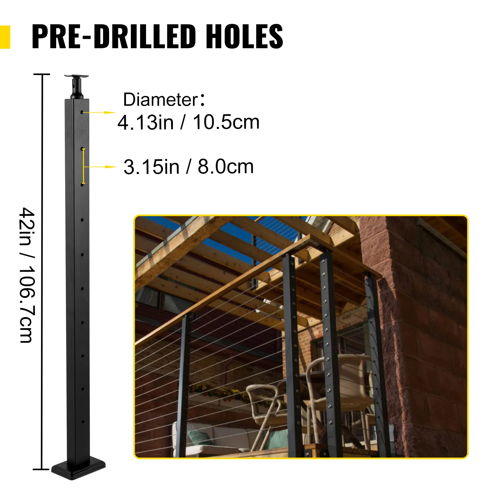 VEVOR cable railing post with pre-drilled holes for easy installation on deck.