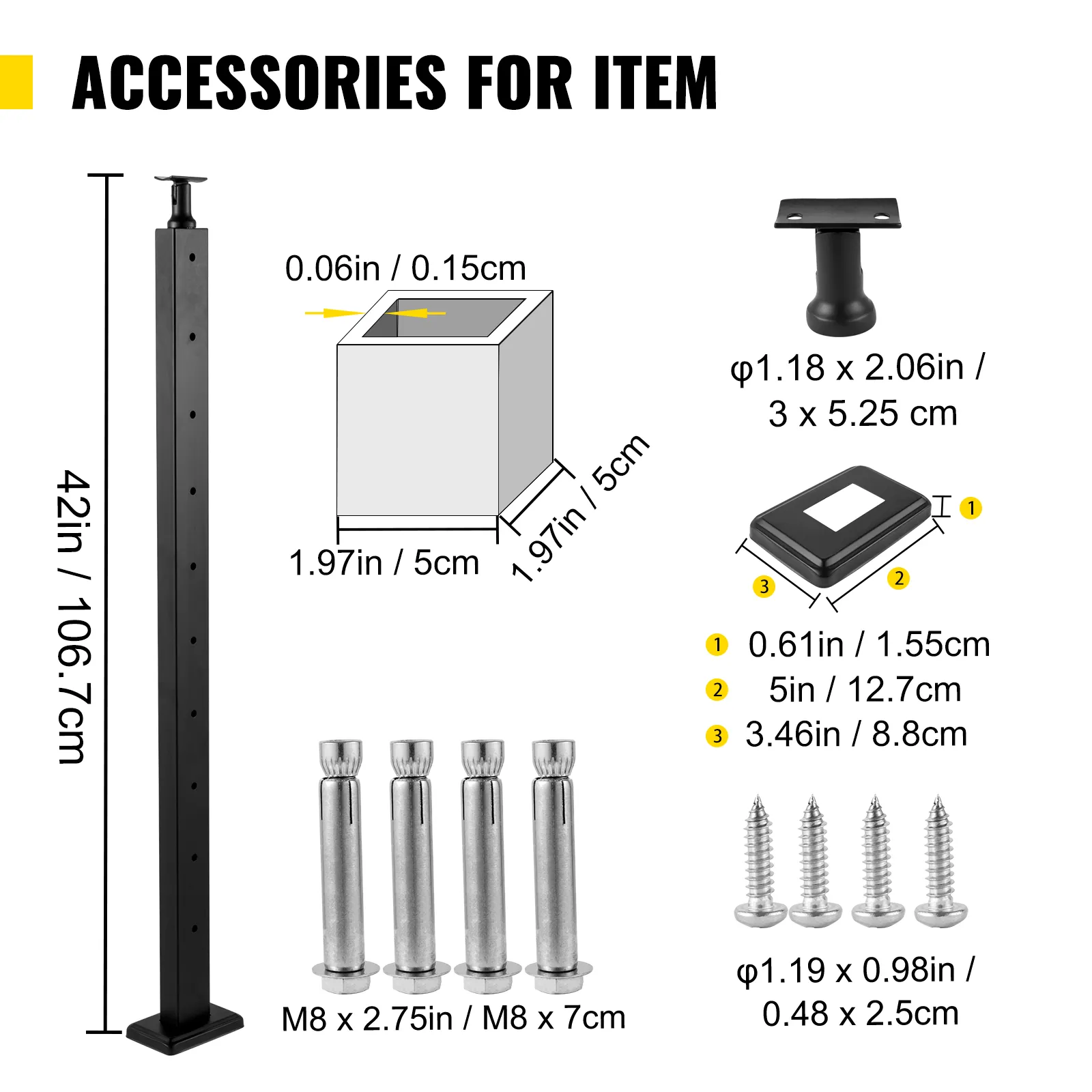 VEVOR cable railing post with dimensions and hardware accessories shown.