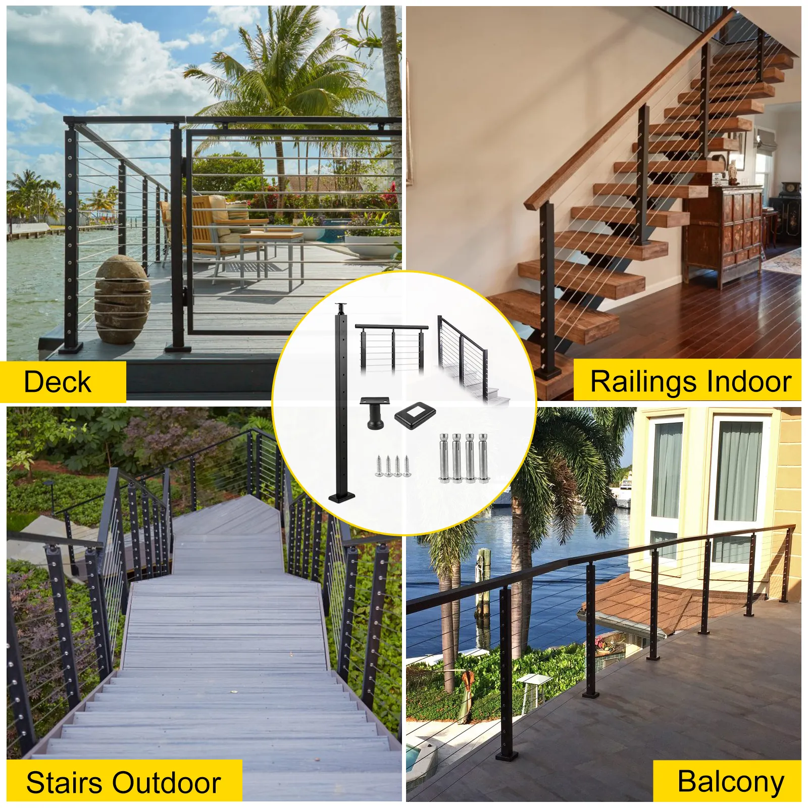 VEVOR cable railing post system displayed on deck, stairs outdoor, balcony, and indoor railings.