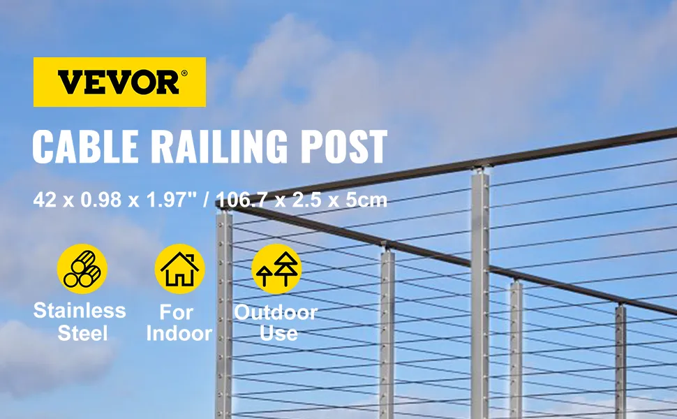 VEVOR cable railing post, stainless steel, for indoor and outdoor use against blue sky.