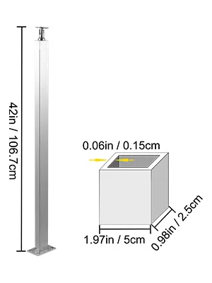VEVOR cable railing post, 42in height, square base dimensions, detailed measurements shown.