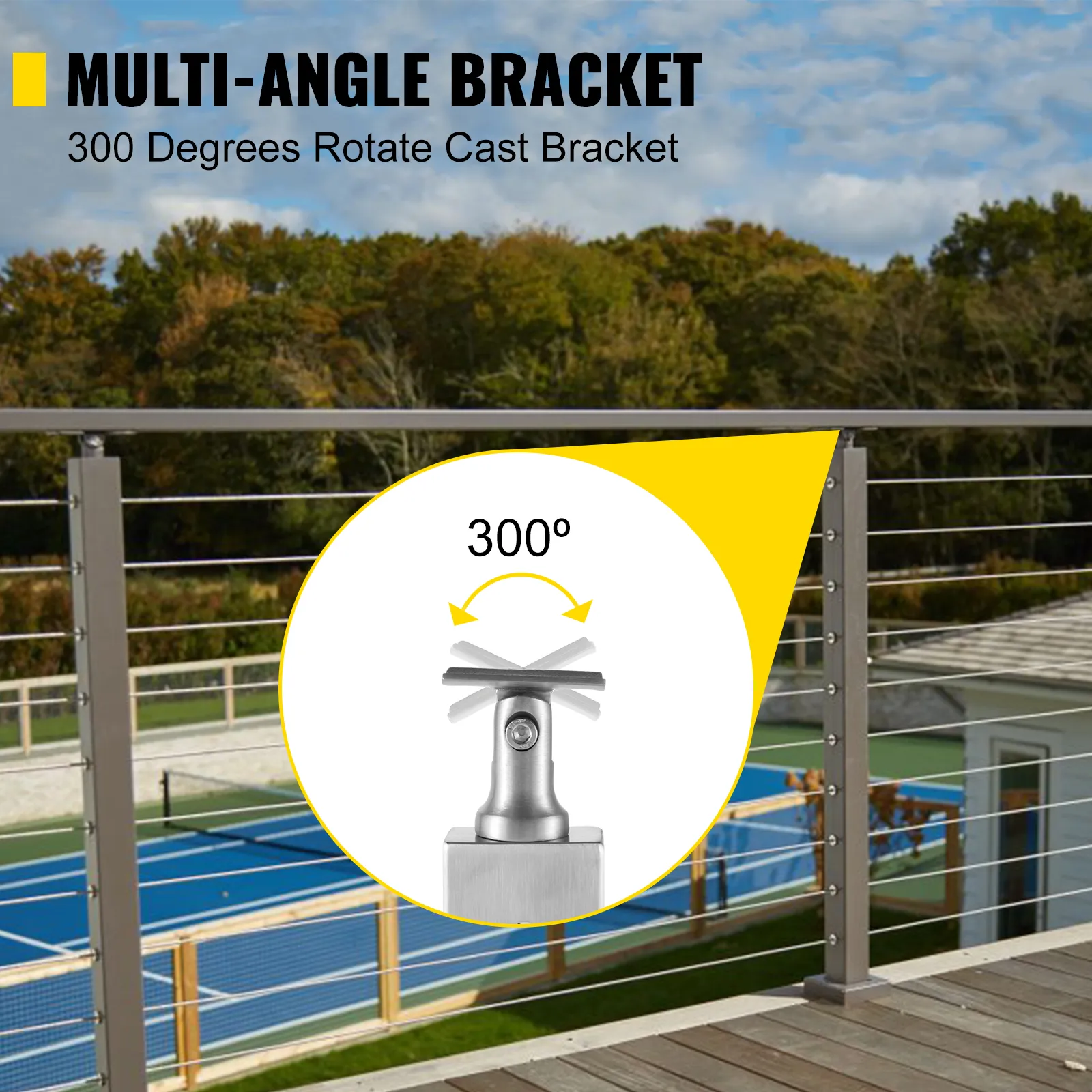 VEVOR cable railing post with 300° multi-angle rotatable bracket on outdoor deck.