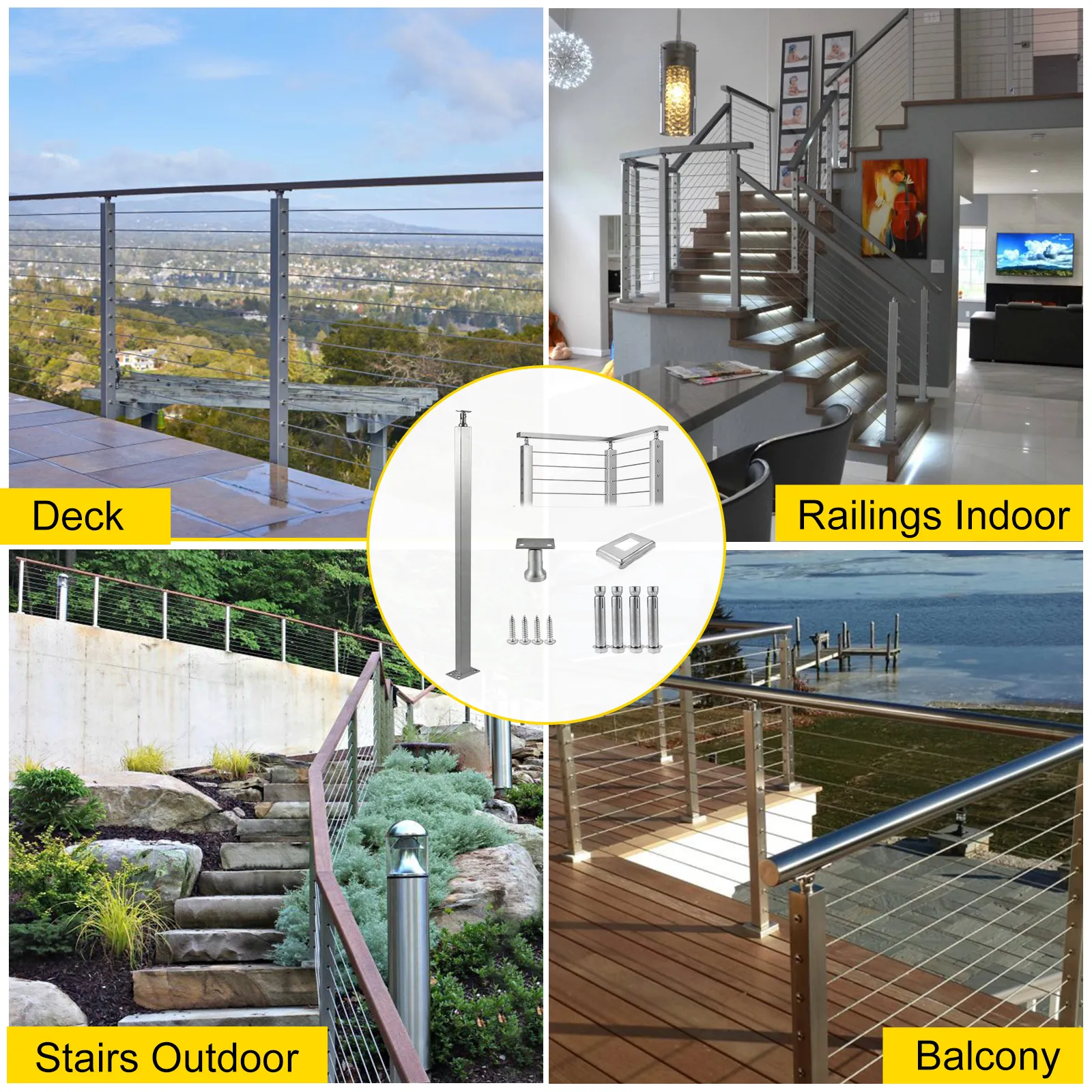 VEVOR cable railing post on deck, stairs outdoor, railings indoor, and balcony.