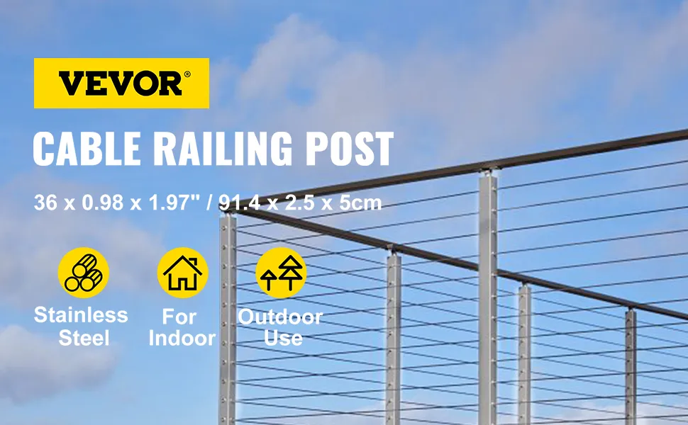 Poste de barandilla de cable VEVOR, de acero inoxidable, para uso interior y exterior contra el cielo azul.