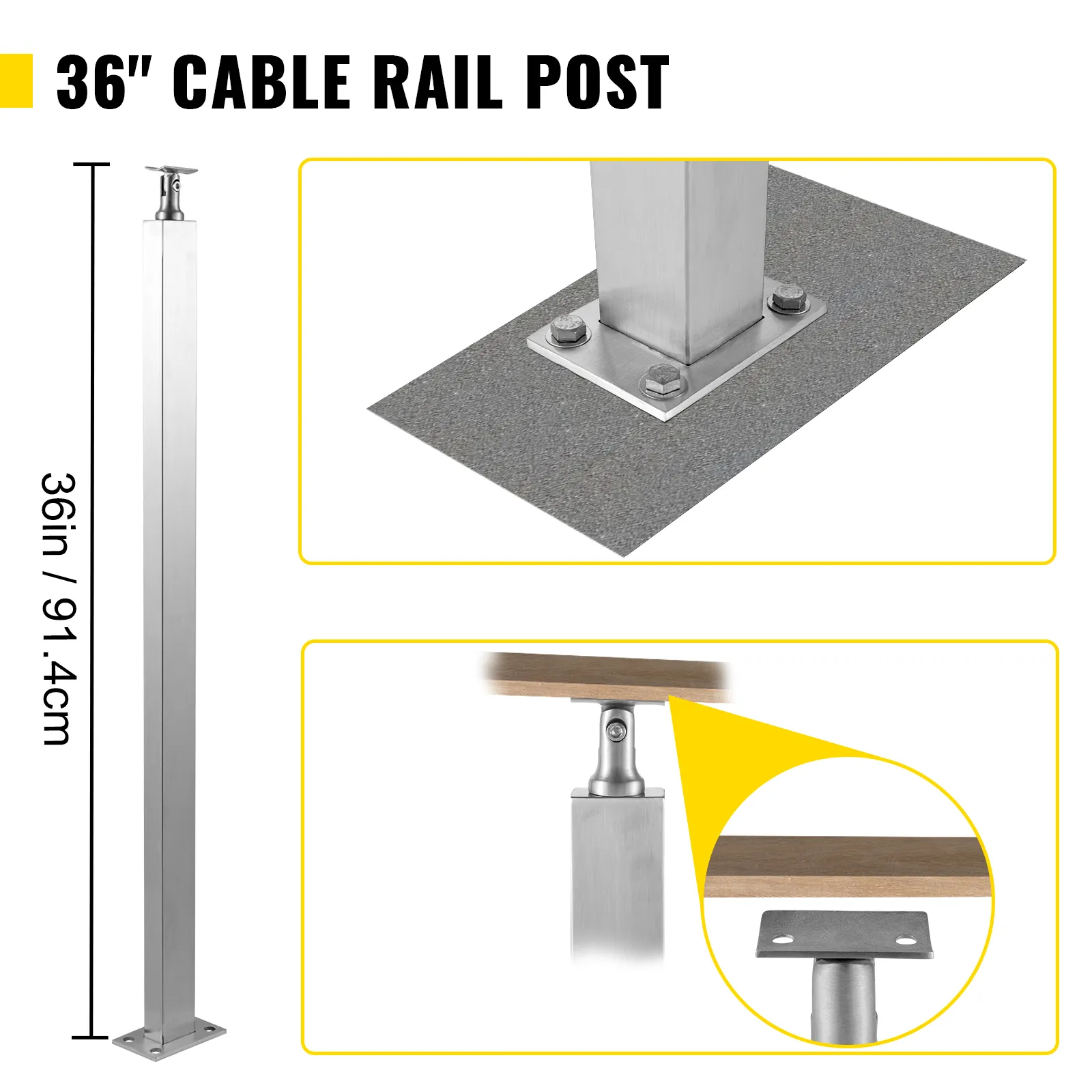 Poste de barandilla de cable VEVOR de 36" con base, dimensiones y detalle de conexión.