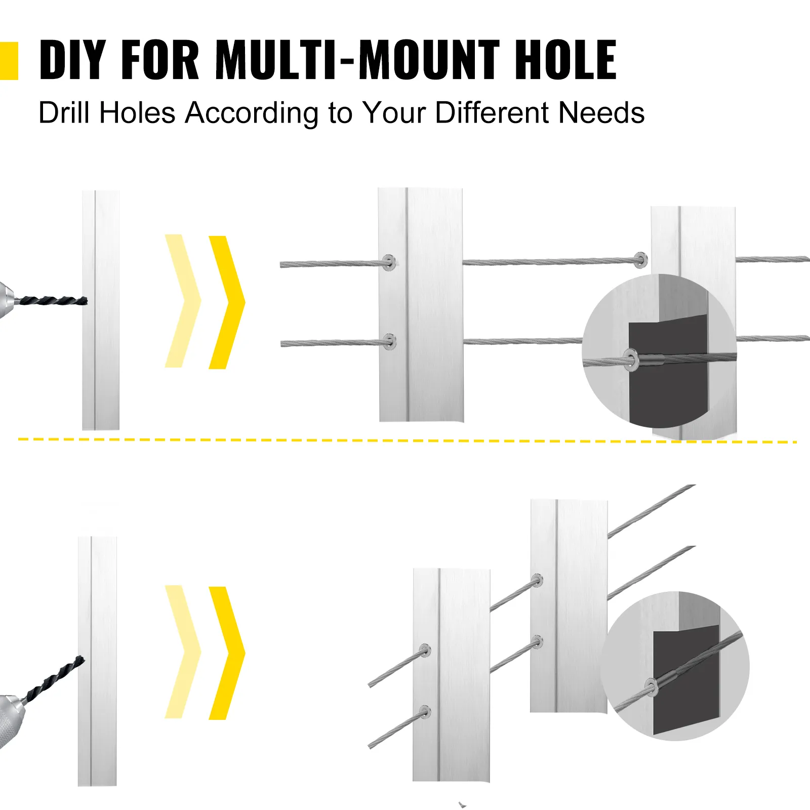 Guía de perforación de postes de barandilla de cable VEVOR para opciones de configuración de orificios de montaje múltiple.