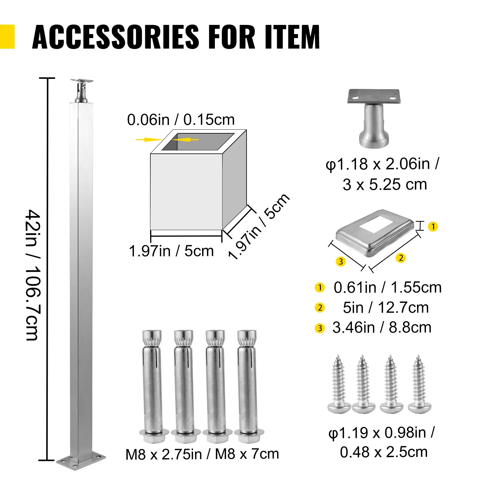 Accesorios para postes de barandilla de cable VEVOR, incluidas dimensiones y componentes de hardware.