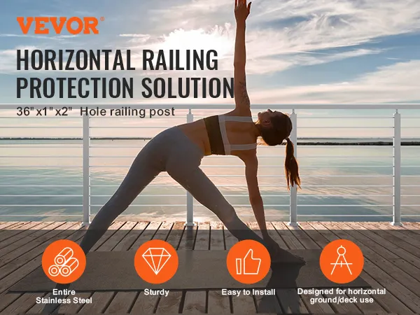 woman doing yoga on deck with VEVOR cable railing post at sunset over water.
