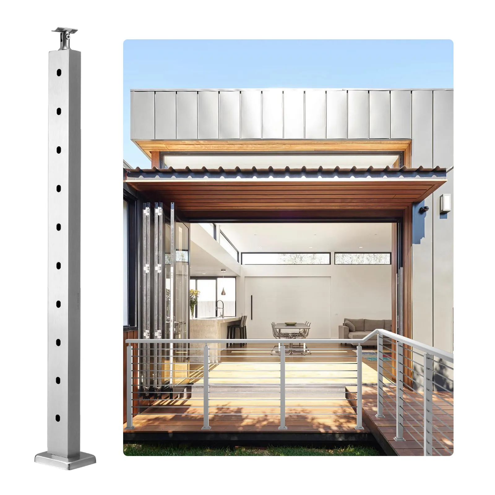 VEVOR cable railing post in modern outdoor deck setting with a sleek metal finish.