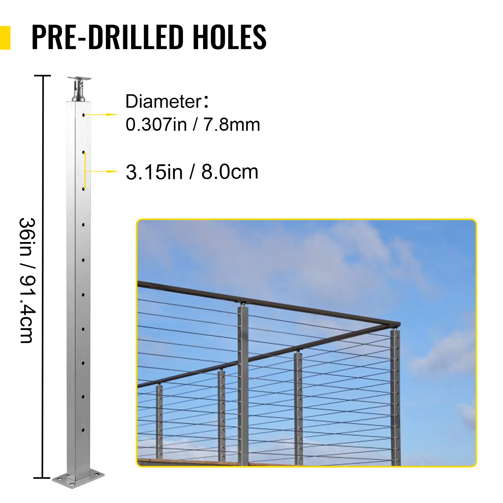 VEVOR cable railing post, 36in height with pre-drilled holes, shown outdoors.