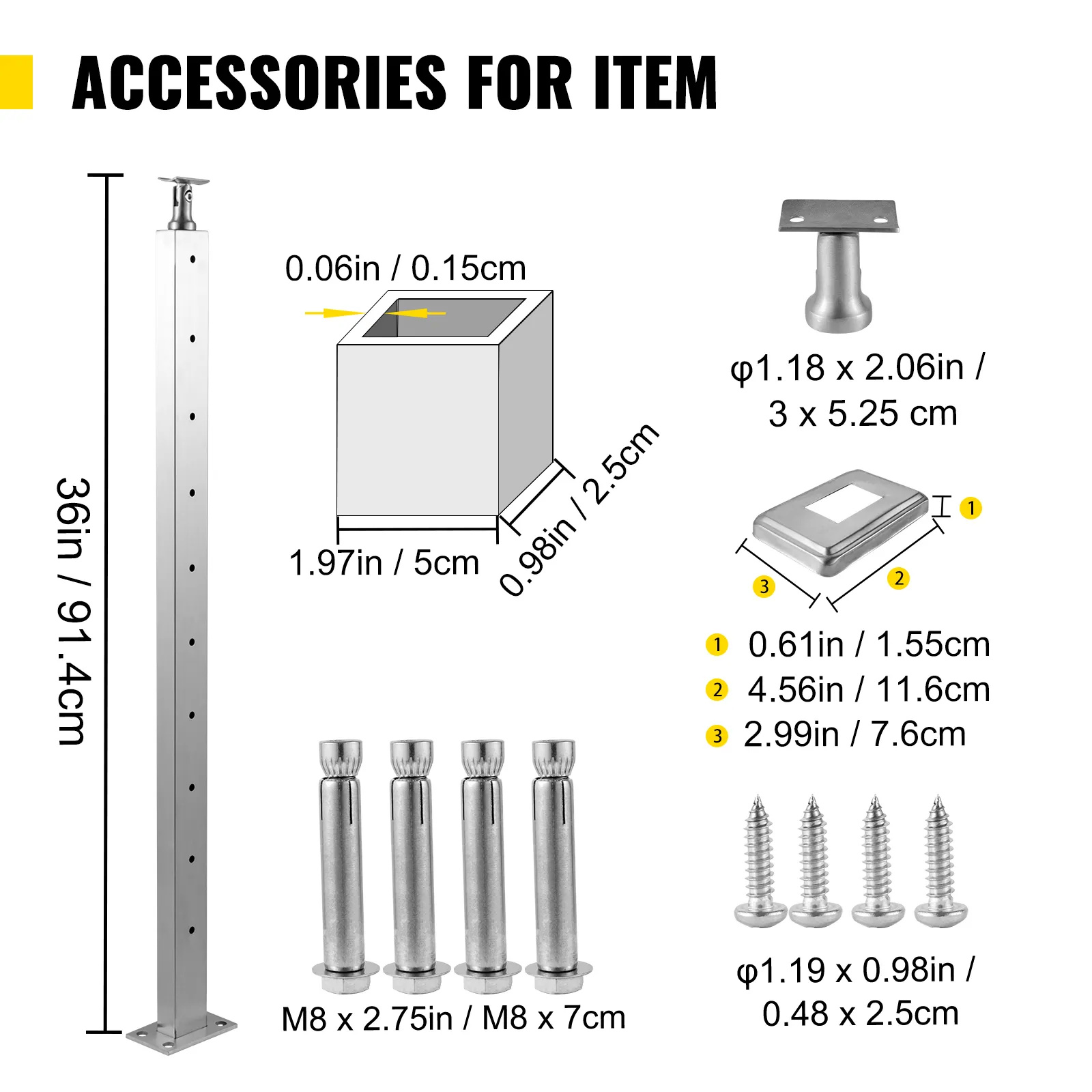 VEVOR cable railing post measurements and accessories with dimensions.