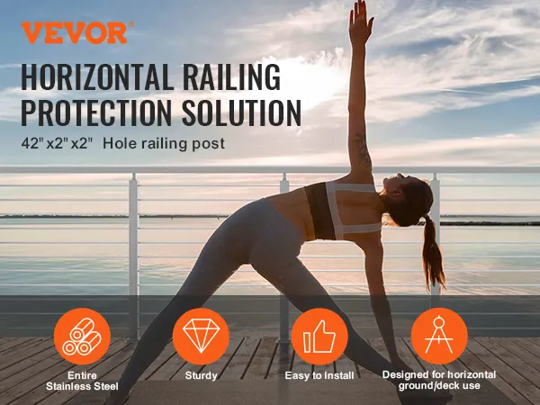 yoga on a deck with a VEVOR cable railing post and a calm lake backdrop.