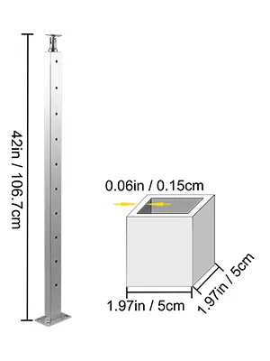 VEVOR cable railing post with dimensions of 42in height and 1.97in base width.